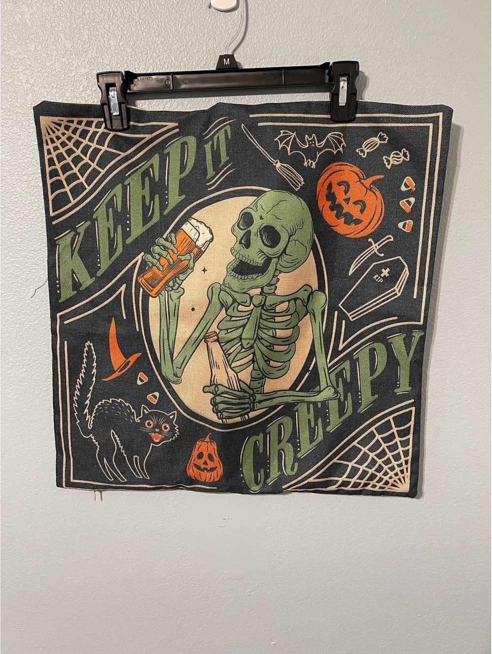 Keep It Creepy Halloween Pillow Cover Skeleton Black Cat Pumpkin Gothic 20”